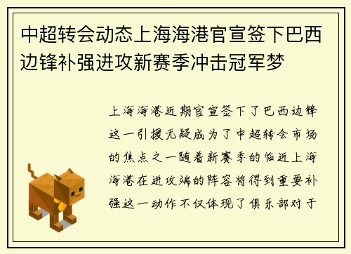 中超转会动态上海海港官宣签下巴西边锋补强进攻新赛季冲击冠军梦